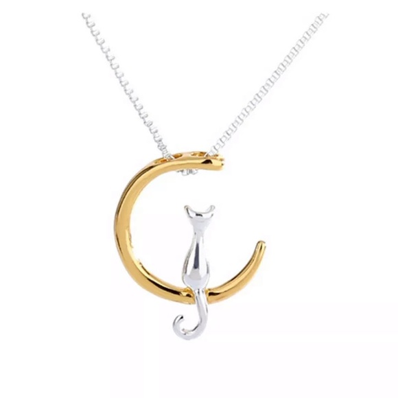 Kitty Cat on a Golden Crescent Moon Pendant - Picture 2 of 7